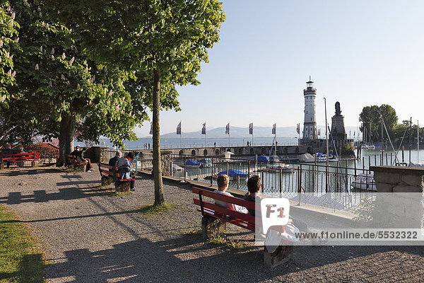 Roemerschanze promenade with harbour and lighthouse  Lindau on Lake Constance  Swabia  Bavaria  Germany  Europe  PublicGround