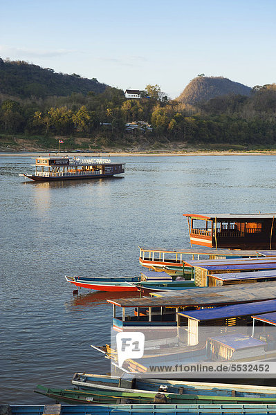 River boats on the Mekong River  Luang Prabang  Laos  Indochina  Asia