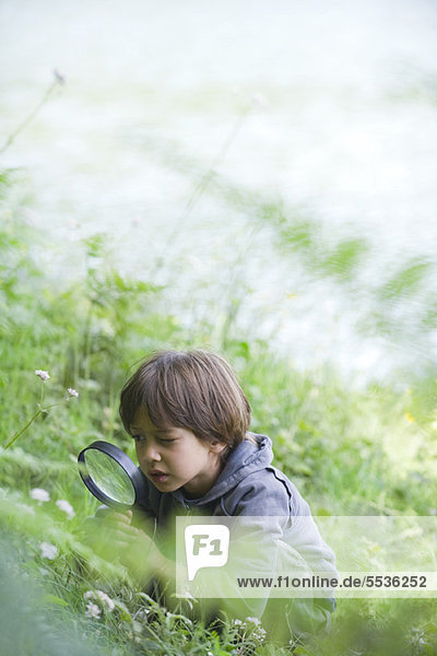 Boy looking at vegetation through magnifying glass