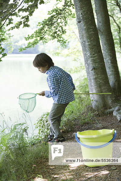 Boy catching tadpoles at water's edge