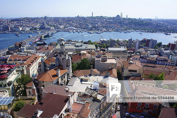 View from Galata Tower over the city with Galata Bridge and Bosphorus  Istanbul  Turkey