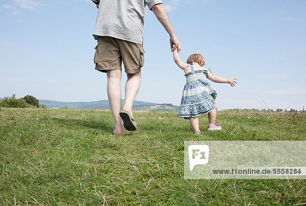 Father walking with daughter in field