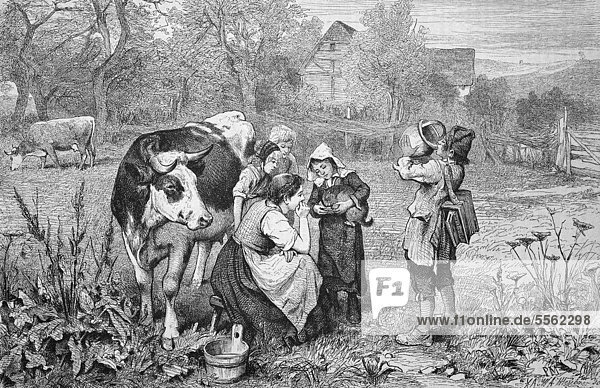 Savoyardenkinder mit Kuh  Savoyen  Frankreich  historischer Holzstich  ca. 1880