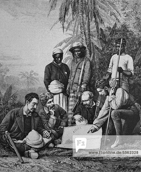 Henry Stanley und Mitglieder der portugiesischen Gesellschaft in San Paolo de Lando  historischer Holzschnitt  circa 1870