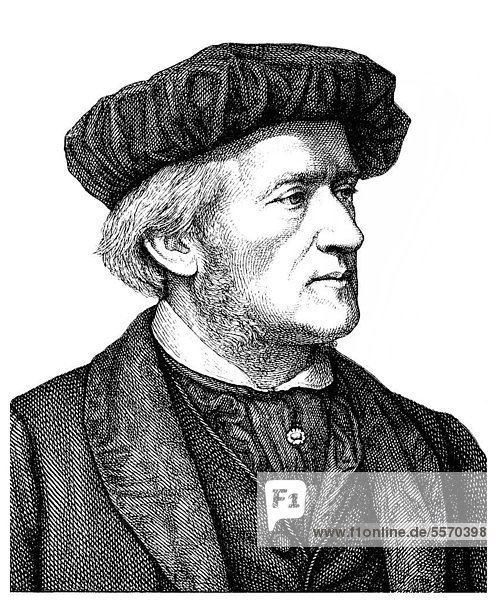 Historische Zeichnung aus dem 19. Jahrhundert  Portrait von Wilhelm Richard Wagner  1813 - 1883  ein deutscher Komponist  Dramatiker  Philosoph  Dichter  Schriftsteller  Theaterregisseur und Dirigent