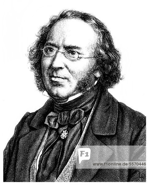 Historische Zeichnung aus dem 19. Jahrhundert  Portrait von Ludwig Bechstein  1801 - 1860  ein deutscher Schriftsteller  Bibliothekar und Archivar