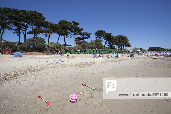 Abandoned toy bucket and spades on Mudeford beach with pine trees and beach huts  Mudeford  Dorset  England  United Kingdom  Europe