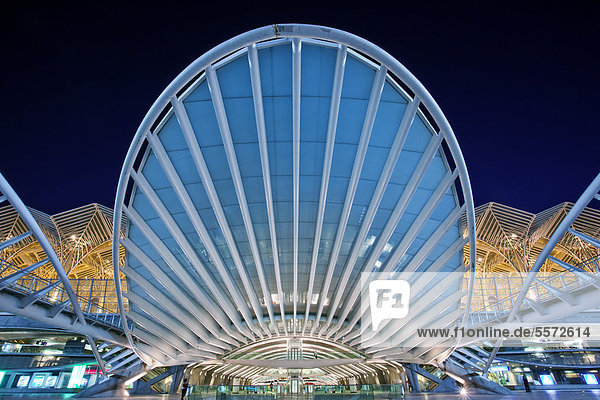 Bahnhof Oriente  Garo do Oriente  des spanischen Architekten Santiago Calatrava  auf dem Gelände des Park Parque das Nacoes  Schauplatz der Weltausstellung Expo 98  bei Nacht  Lissabon  Portugal  Europa