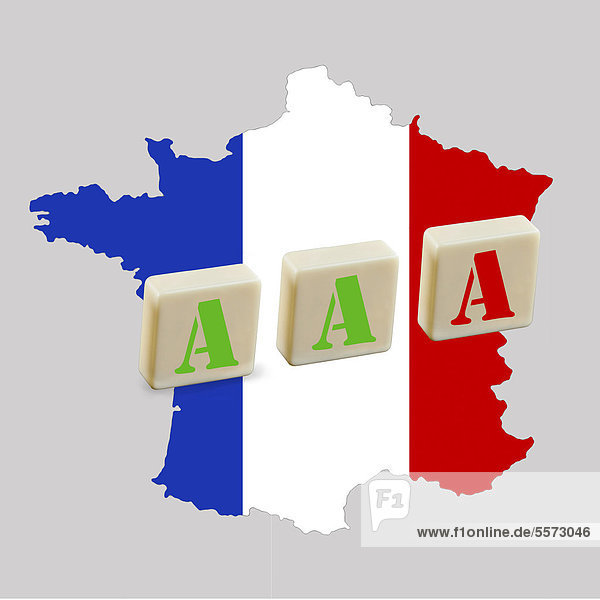 Karte von Frankreich  drei A  ein rotes als Gefahr des Verlustes von Triple A  Symbolbild für die Bewertung der Ratingagenturen