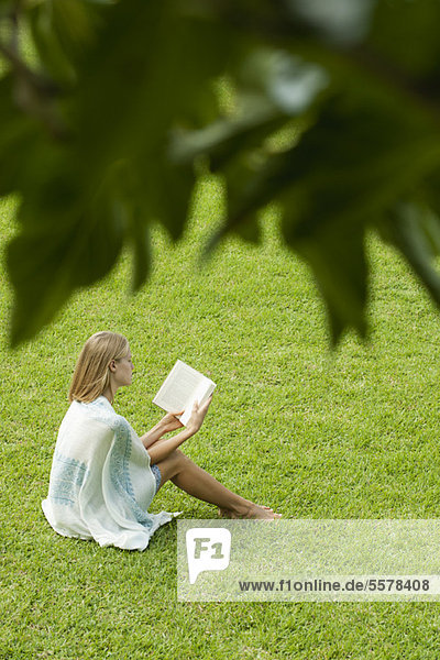 Junge Frau auf Gras sitzend Lesebuch  Hochwinkelansicht