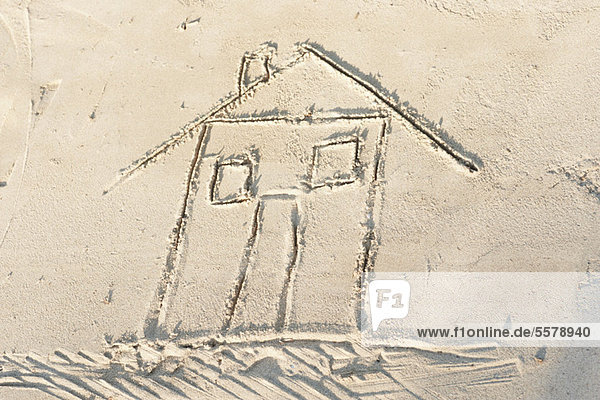 Haus in Sand gezeichnet  Hochwinkelansicht