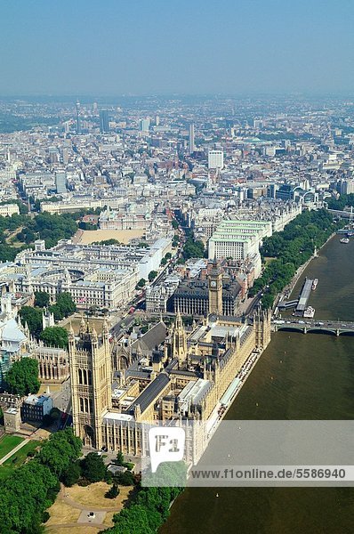 Aerial view of British parliament with House of Lords  Palace of. Westminster and Big Ben tower  London city
