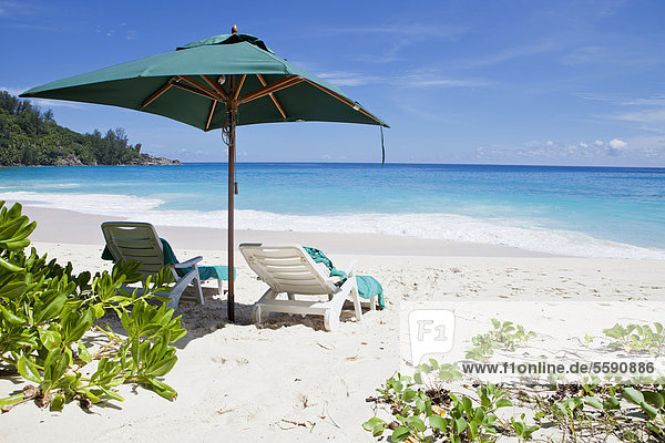 Liegestühle und Sonnenstühle am Strand  Anse Intendance  Mahe  Seychellen  Afrika  Indischer Ozean