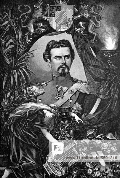 King Ludwig II of Bavaria  Ludwig II Otto Friedrich Wilhelm von Bayern  1845 - 1886  decendant from the German royal house of Wittelsbach  historical wood engraving  1886