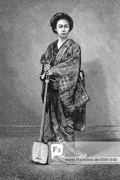 Japanisches Frauenleben  Geisha mit Shamisen  historischer Stich  1883