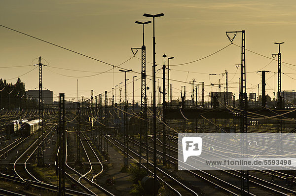 Germany  Munich  View of railway tracks and switches with power lines