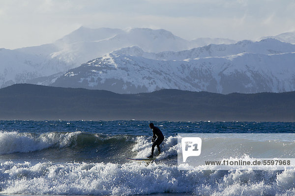 Man surfing along the coastline in Winter with Chilkat Range in the background  Eagle Beach  Southeast Alaska
