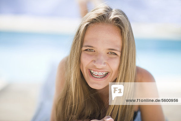 Close up of teenage girl in braces