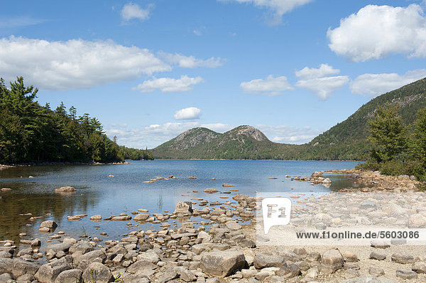 View from the shore over Jordan Pond towards The Bubbles Mountains  Acadia National Park  Mount Desert Island  Maine  New England  USA  North America