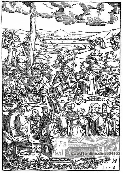 Historical illustration from the 19th Century  the Round Table of Vice  caricature from the Reformation depicting the dissolute life of priests and princes  16th Century