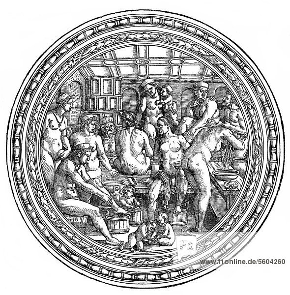 Historische Zeichnung aus dem 19. Jahrhundert  zeitgenössische Körperhygiene im Frauenbad  nach einem Bild von Hans Sebald Beham von 1500