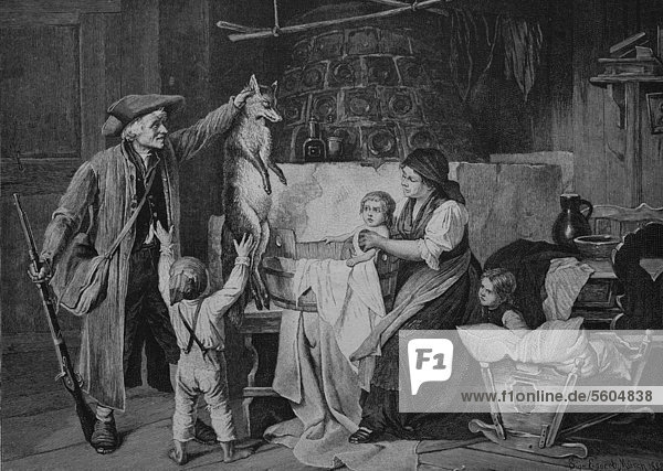 Jäger bringt erlegten Fuchs mit nach Hause historischer Stich 1883