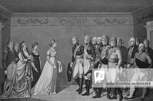 Begegnung der Königin Luise mit Kaiser Alexander I am 10.11.1802 historischer Stich 1883