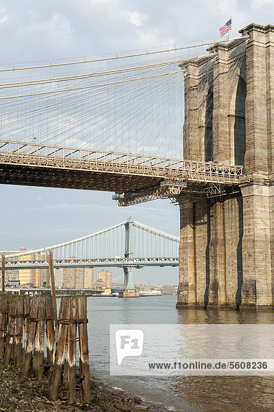 Blick von Manhattan auf die Brooklyn Bridge Hängebrücke  hinten die Manhattan Bridge  Brückenpfeiler  Two Bridges District  East River  New York City  USA  Nordamerika  Amerika