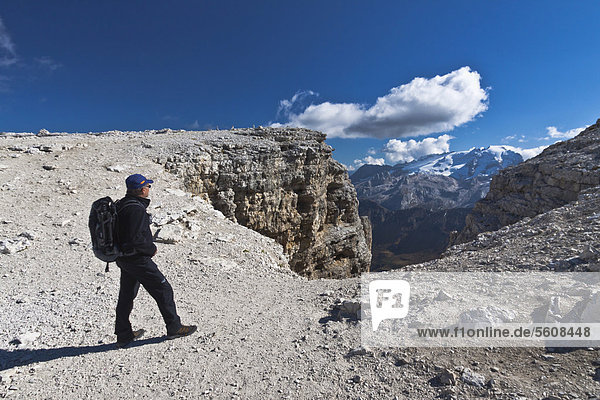 Wanderer genießt Aussicht vom Sass Pordoi  Sella-Gruppe  Sellaronda  Dolomiten  Italien  Europa