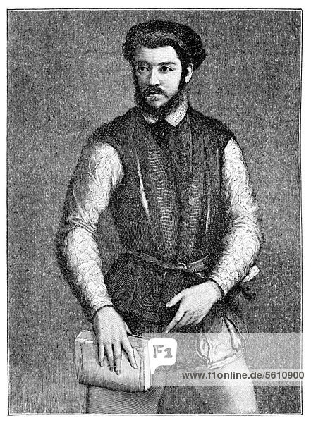 Historischer Druck aus dem 19. Jahrhundert  Portrait von ClÈment Marot  1496 - 1544  ein französischer Dichter