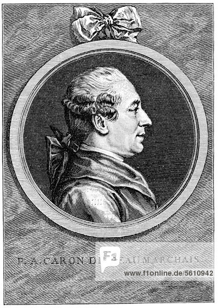Historischer Druck aus dem 19. Jahrhundert  Portrait von Pierre-Augustin Caron de Beaumarchais  1732 - 1799  ein französischer Unternehmer und Schriftsteller