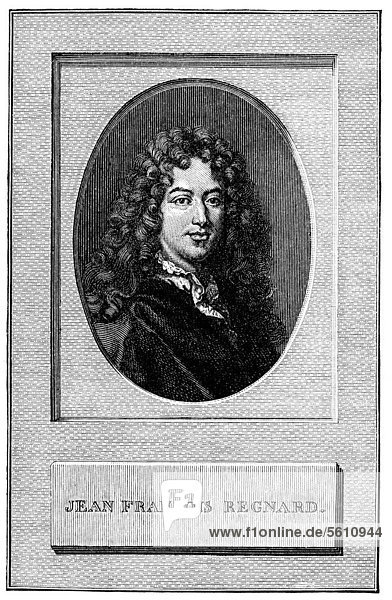 Historischer Druck aus dem 19. Jahrhundert  Portrait von Jean-FranÁois Regnard  1655 - 1709  ein französischer Schriftsteller