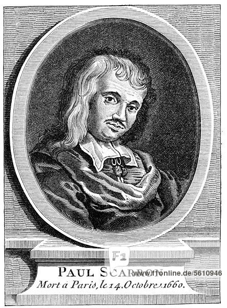 Historischer Druck aus dem 19. Jahrhundert  Portrait von Paul Scarron  1610 - 1660  ein französischer Schriftsteller
