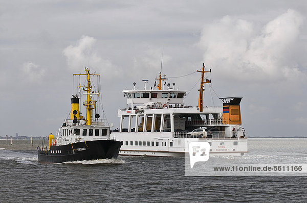 Vermessungsschiff Norderney und Fähre Frisia 1 an der Hafenausfahrt Norddeich  UNESCO Weltnaturerbe Wattenmeer  Ostfriesland  Niedersachsen  Nordsee  Deutschland  Europa