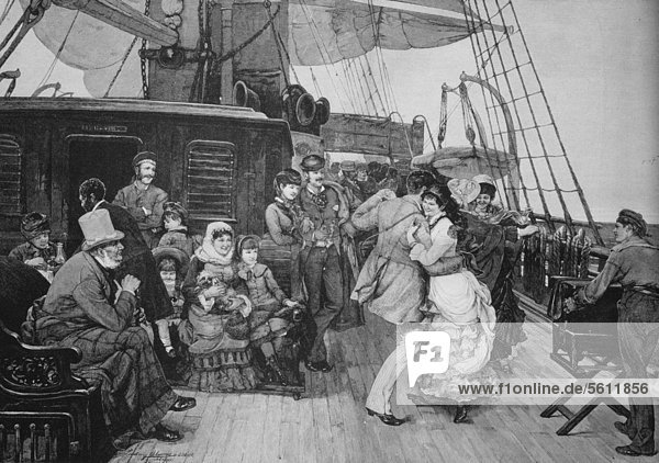 Ball an Bord eines Segelschiffes  historischer Stich  ca. 1885