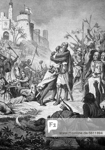 Begegnung Barbarossas mit seinem Sohn Friedrich nach der Schlacht bei Iconium  Friedrich I  genannt Barbarossa  um 1122 - 1190  historischer Stich von 1883