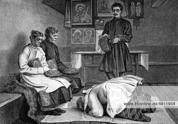 The blessing of a newly married couple by the parents in Little Russia  Ukraine  historical engraving of 1883