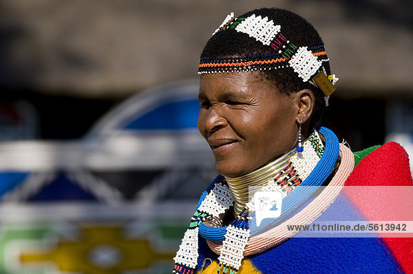 Ndebele woman wearing traditional dress  portrait  Botshabele Mission Station  Limpopo  South Africa  Africa
