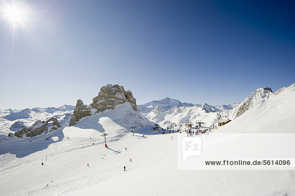 Snow-covered mountain landscape  Aiguille Percee  Tignes  Val d'Isere  Savoie  Alps  France  Europe