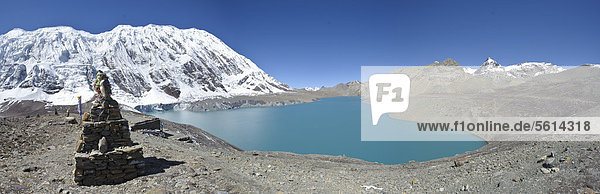 'Tilicho Lake  4920 meters high  considered the ''highest lake in the world''  panorama  Annapurna region  Nepal  Asia'