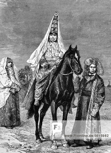 Braut in Kirgisistan  historische Illustration  Holzstich  ca. 1888