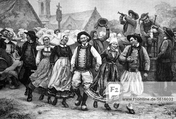 Breton Gavotte,  French folk dance,  Brittany,  France,  historical illustration,  wood engraving,  about 1888