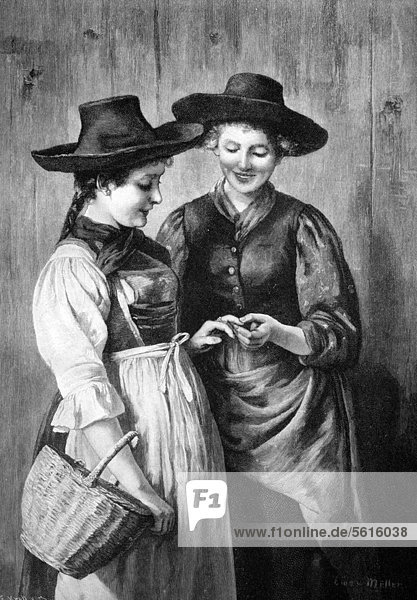 Two women looking at an engagement ring  historical illustration  wood engraving  about 1888