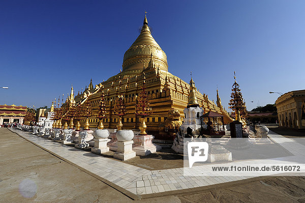 The golden Shwezigon Pagoda  most famous temple in Bagan  Myanmar  Burma  Southeast Asia  Asia