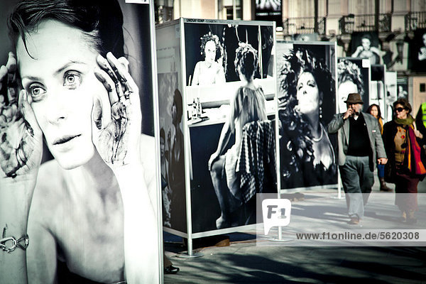 Photography exhibition in Plaza de Santa Ana square  Barrio de las Letras  Madrid  Spain  Europe