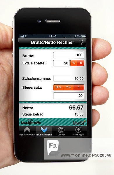 Iphone  Smartphone  App auf dem Display  Brutto-Netto-Rechner