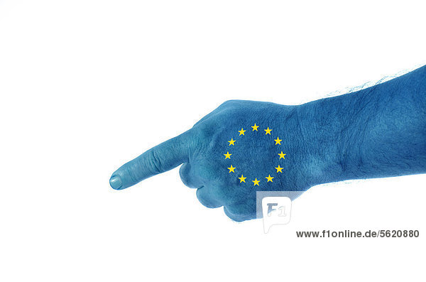 Hand mit Eurosternen zeigt mit dem Finger  Symbolbild