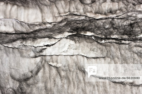 Detailaufnahme von Strukturen  die sich durch Vulkanasche und feine Lava im Schnee des Gletschers von Kaldaklofsfjöll abzeichnen  Hochland von Island  Europa