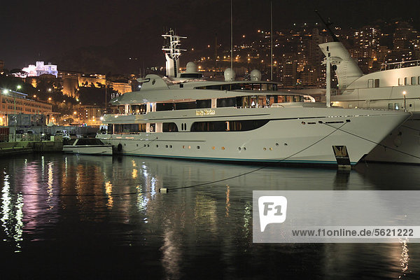Motor yacht  Lady Marina  built by Feadship  length 63.95 m  built in 1999  in the evening at Port Hercule  Monaco  CÙte d'Azur  Mediterranean  Europe
