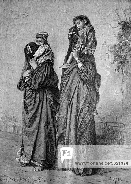 Ägyptische Frauen mit ihren Kindern  historischer Holzstich  ca. 1897